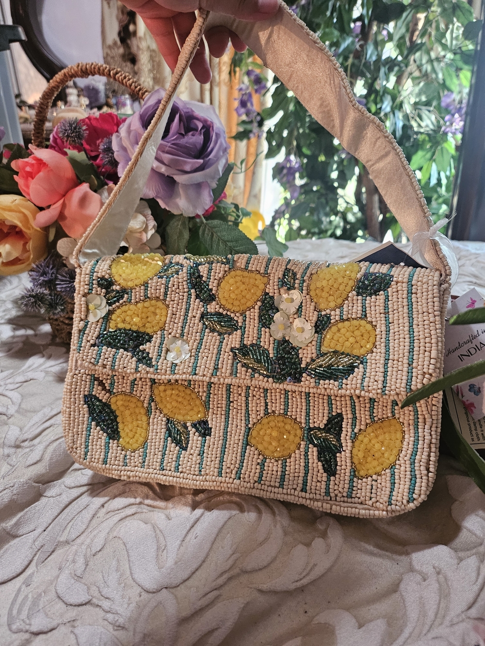 🩷 Lemon Blossom Beaded Print in Vanilla Cream Shoulder Bag in Yellow and Green